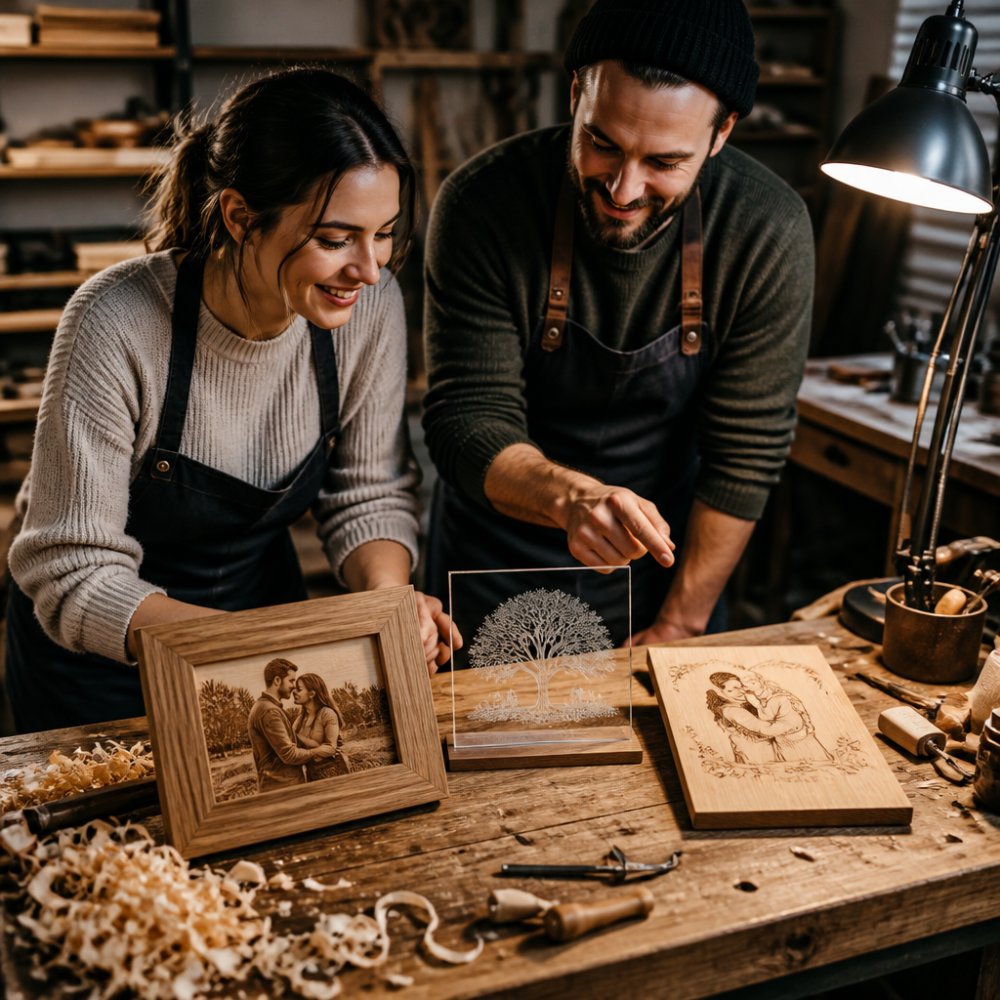 A wooden workshop bench with an engraved oak photo frame, a laser-cut acrylic panel and a printed pine plaque laid out under warm task lighting, wood shavings visible at the edge of the frame