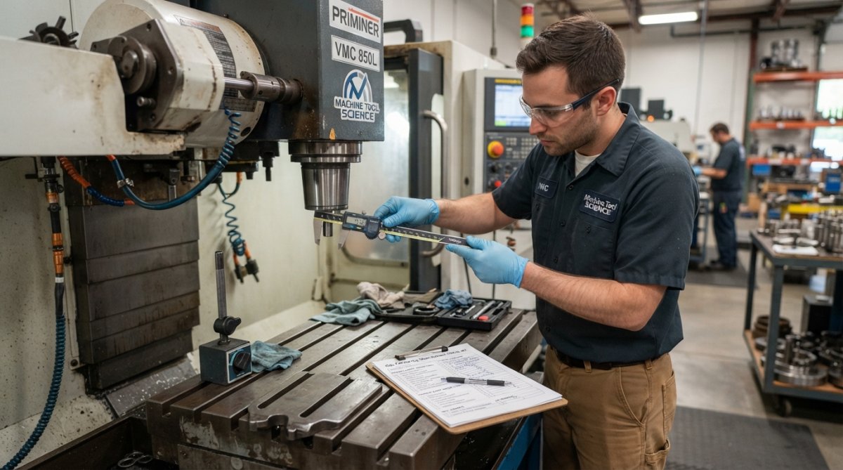 A factory technician in a clean, well-lit shop using a digital caliper to inspect a spindle taper on a CNC milling machine, clipboard with a checklist resting on the machine table nearby