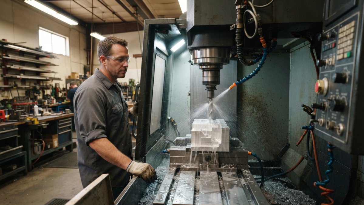 Professional machinist monitoring a CNC milling machine with spinning spindle cutting into a metal workpiece, coolant spray visible, workshop lighting