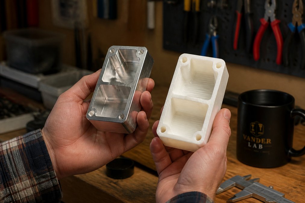 Close-up comparison of two prototype parts held in a maker's hands inside a home fabrication workshop: one part shows smooth machined aluminum surfaces, the other shows a white plastic part with visible horizontal layer lines, warm workshop lighting