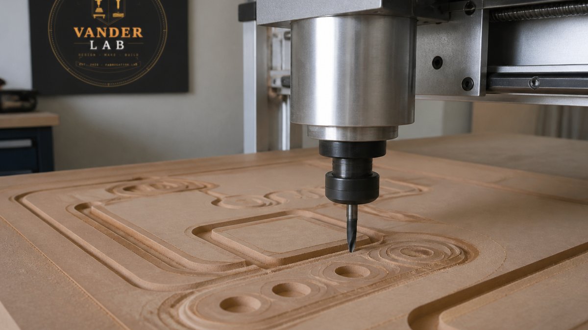 Close-up of a CNC router bit cutting through a wooden panel with precision, showing clean edges and visible toolpath markings in the material