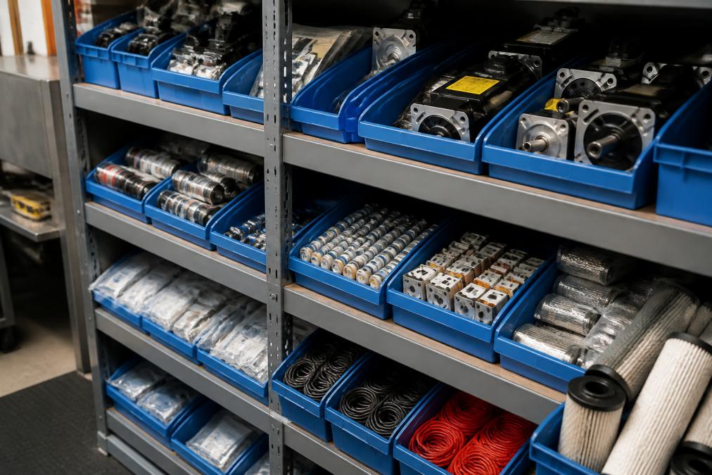 Close-up of an organized CNC machine parts storage shelf with labeled bins containing servo motor components, fuses, o-rings, and oil filters in an industrial maintenance room