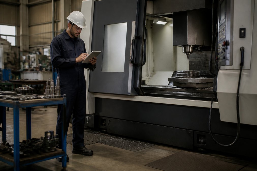 A maintenance technician in safety gear reviewing diagnostic data on a tablet while standing next to a large CNC machining center on a factory floor