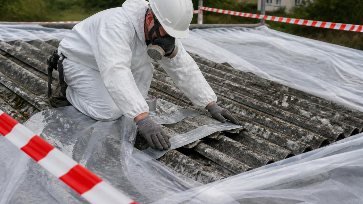 Muž ve stavebním oblečení a respirátoru opatrně přelepuje páskou poškozenou eternitovou desku na staré střeše, kolem rozprostřená ochranná fólie a výstražná páska