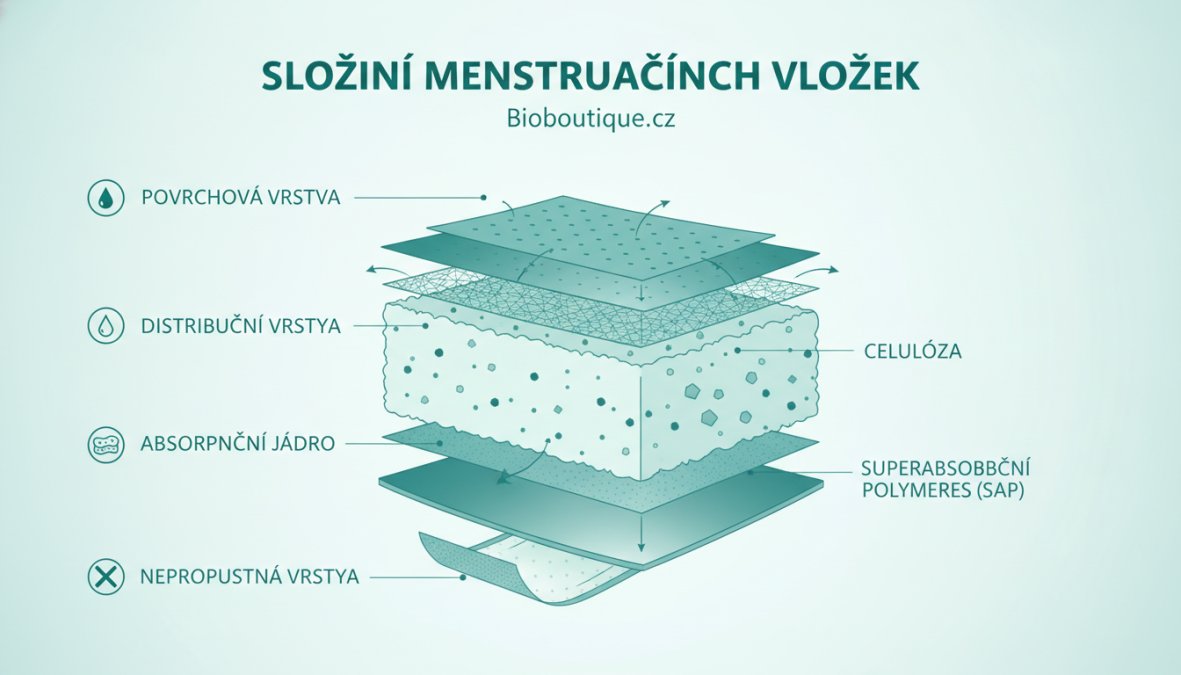 Detailní pohled na příčný řez menstruační vložkou zobrazující jednotlivé vrstvy materiálu a absorpční jádro pod přirozeným osvětlením