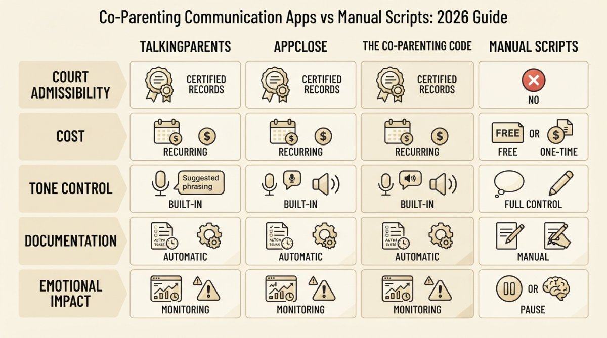 Comparison matrix showing co-parenting apps vs manual scripts: TalkingParents, AppClose, The Co-Parenting Code across dimensions of court admissibility (certified records vs no), cost (recurring vs one-time), tone control (built-in vs full control), documentation (automatic vs manual), and emotional impact (monitoring vs pause)
