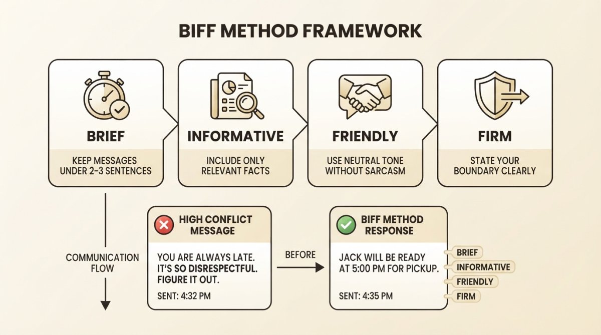 Diagram showing BIFF Method framework with four components: Brief (keep messages under 2-3 sentences), Informative (include only relevant facts), Friendly (use neutral tone without sarcasm), Firm (state your boundary clearly) with example application flow showing parent communication