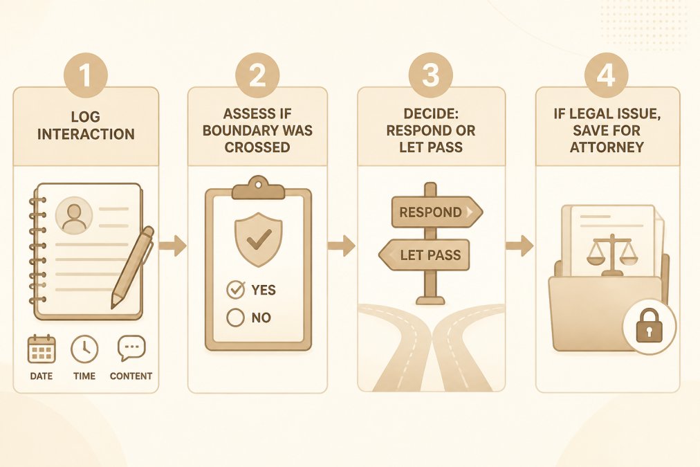 Co-Parenting Communication Tips for Toxic Ex 1 Flowchart detailing a four-step process to document co-parenting communication and handle legal interactions.