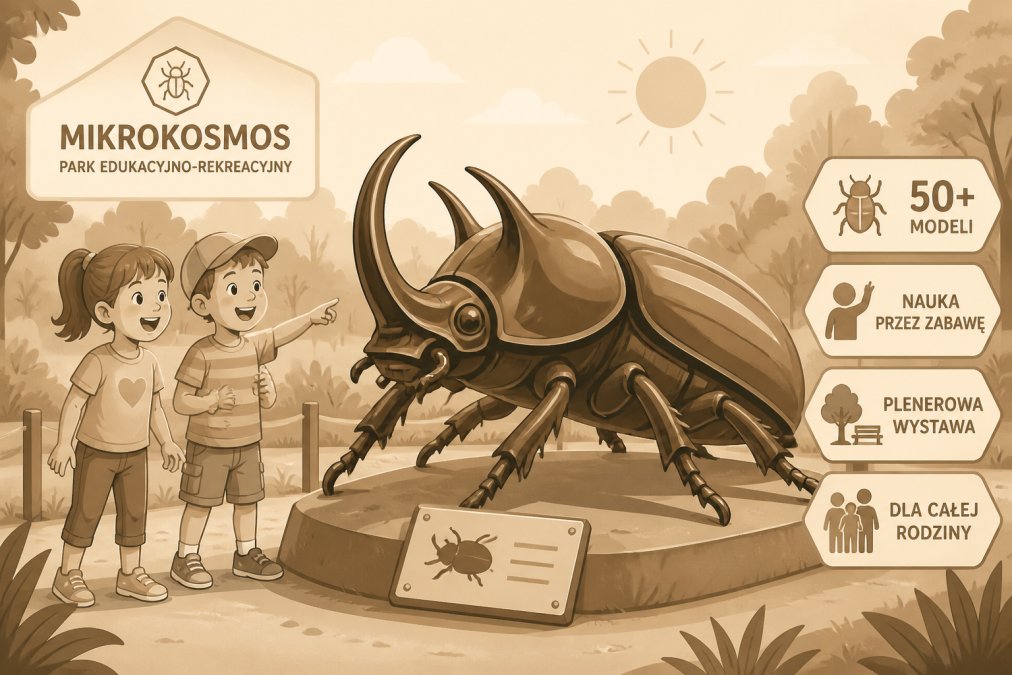 Dwoje dzieci w wieku około 5-7 lat stojących przy gigantycznym, realistycznym modelu chrząszcza w plenerowym parku edukacyjnym, wskazujących na eksponat z wyraźnym zachwytem i uśmiechem, słoneczny dzień, zielone otoczenie