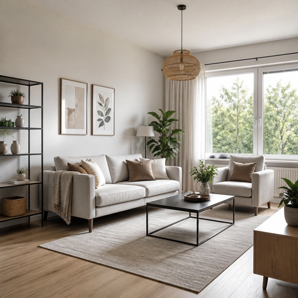 Moderně vybavený obývací pokoj s minimalistickým nábytkem, čistými pracovními plochami a dekorativními prvky - příklad správně nastaveného home stagingu pro focení nemovitosti