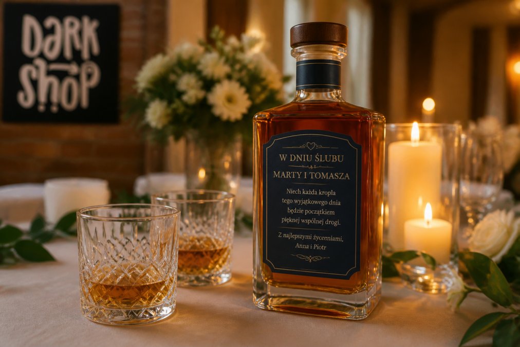 Elegancka butelka whisky z personalizowaną etykietą i dedykacją, ustawiona na stole weselnym obok kieliszków i świec, w ciepłym świetle