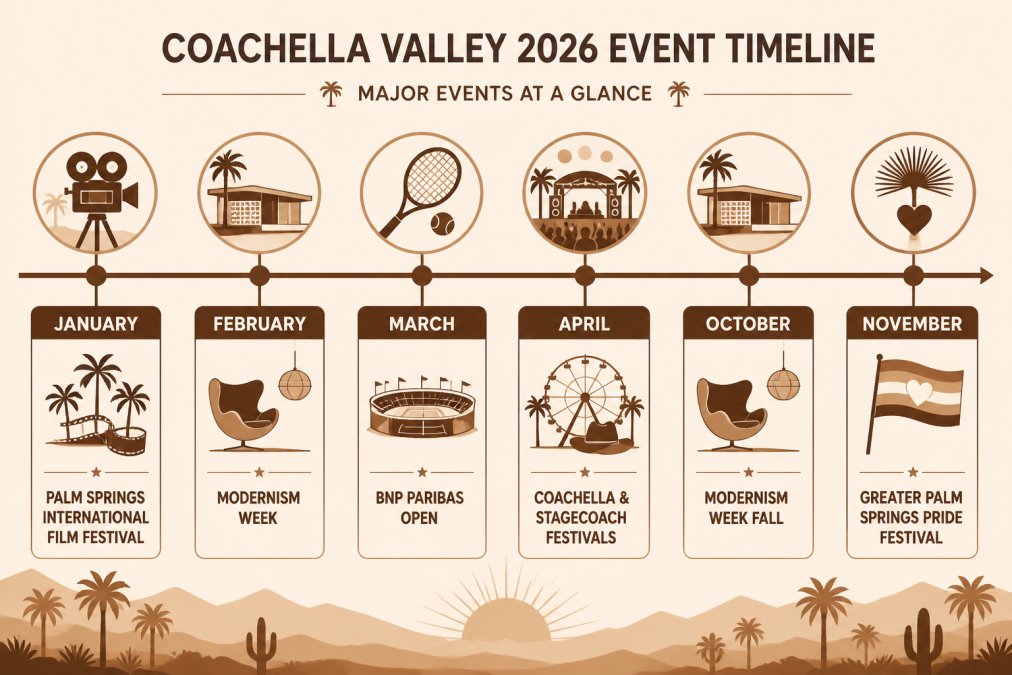 Timeline showing major Coachella Valley events across 2026: January (Palm Springs International Film Festival), February (Modernism Week), March (BNP Paribas Open), April (Coachella & Stagecoach Festivals), October (Modernism Week Fall), November (Greater Palm Springs Pride Festival)