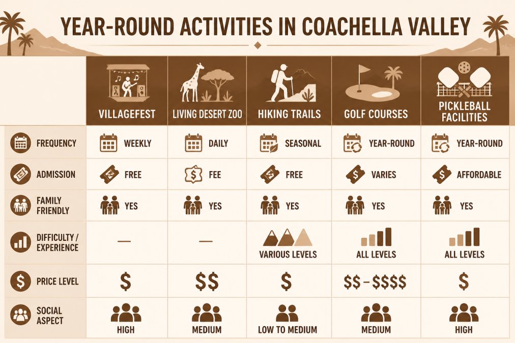 Feature comparison matrix of year-round Coachella Valley activities: VillageFest (weekly, free admission, live music), Living Desert Zoo (daily, admission fee, family-friendly, botanical gardens), hiking trails (seasonal, free, various difficulty levels), golf courses (year-round, various price points), pickleball facilities (year-round, affordable, social)