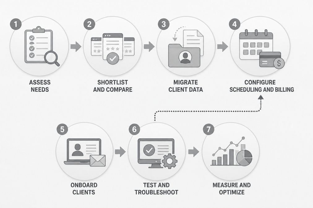 Flowchart with seven numbered stages: 1) assess needs, 2) shortlist and compare, 3) migrate client data, 4) configure scheduling and billing, 5) onboard clients, 6) test and troubleshoot, 7) measure and optimize, with a decision arrow looping from stage 6 back to stage 4