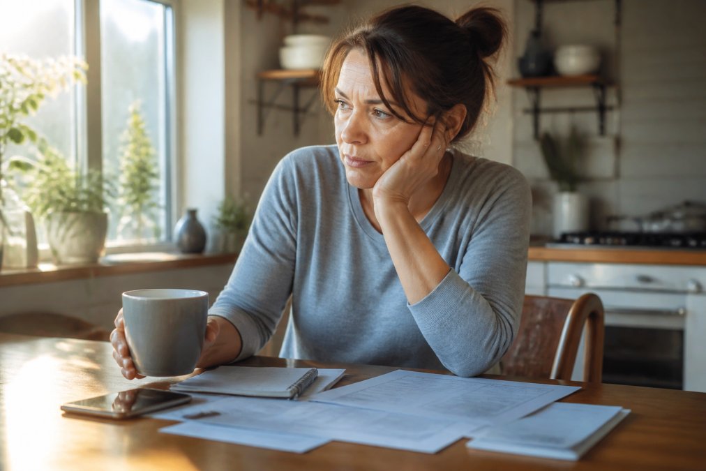 A woman in her 40s sitting at her kitchen table with a coffee cup, surrounded by fitness app notifications on her phone, printed diet plans, and a workout schedule, looking contemplative as morning light streams through the window