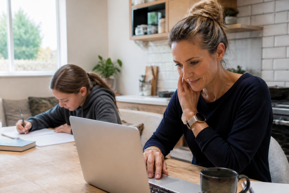 A woman in her 40s working at her laptop at home with her daughter nearby doing homework, showing how coaching integrates into real life without requiring perfect conditions or extra time