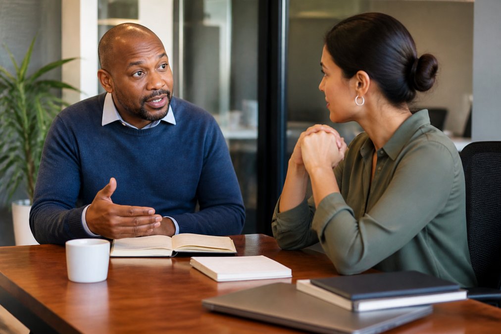 Manager leading a coaching conversation with a team member in a modern office setting, both seated and focused on each other with attentive body language, natural office lighting