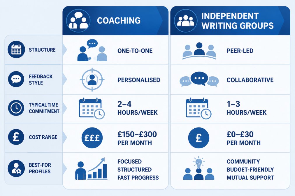 Comparison matrix showing coaching vs independent writing groups across structure (one-on-one vs peer-led), feedback style (personalised vs collaborative), typical time commitment, cost range, and best-for profiles