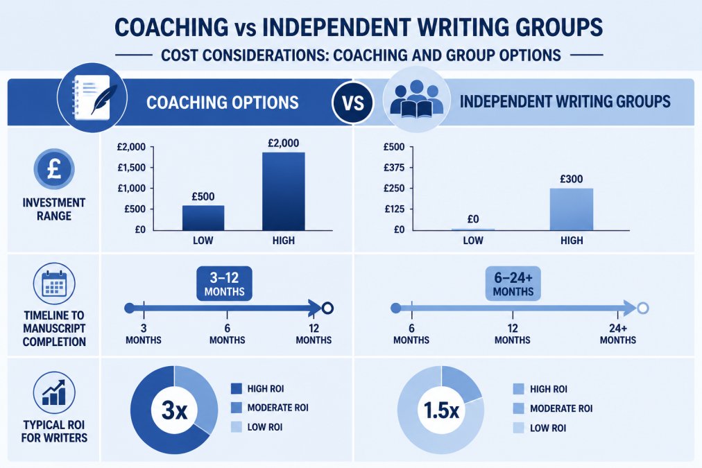 Bar chart comparing investment ranges for coaching options versus independent writing groups, with timeline to manuscript completion and typical ROI for writers