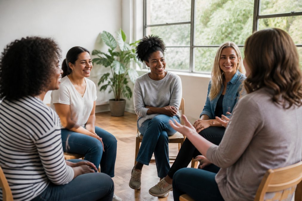 Women sitting in a circle having a supportive conversation, highlighting the benefits of peer support groups.