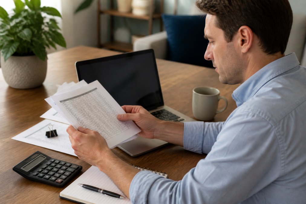 A small business owner reviewing website design quotes and a budget spreadsheet on a laptop at a tidy desk, with a coffee mug and notebook nearby