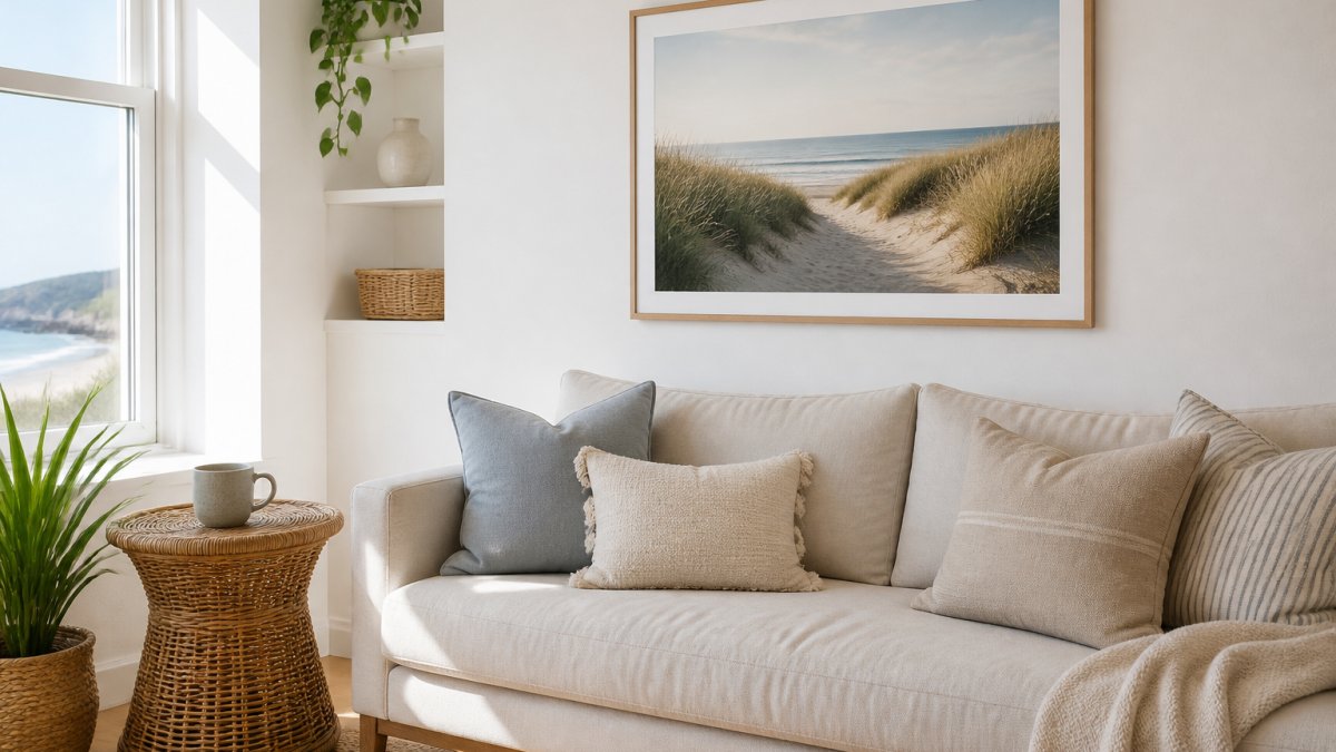 A small, bright apartment living room with a light linen sofa, a jute rug, and a framed coastal art print of sand dunes and sea hanging on a white wall. Choose art that matches your palette. A print with soft blues, sand tones, and pale sky will sit with almost any coastal scheme. Ocean prints and seascapes work well because they repeat the colours already in the room. Hang prints at eye level, roughly 145 cm from the floor to the centre of the frame. In a small room, hang one piece above the sofa rather than a row. Our own [Gwithian Dunes Poster