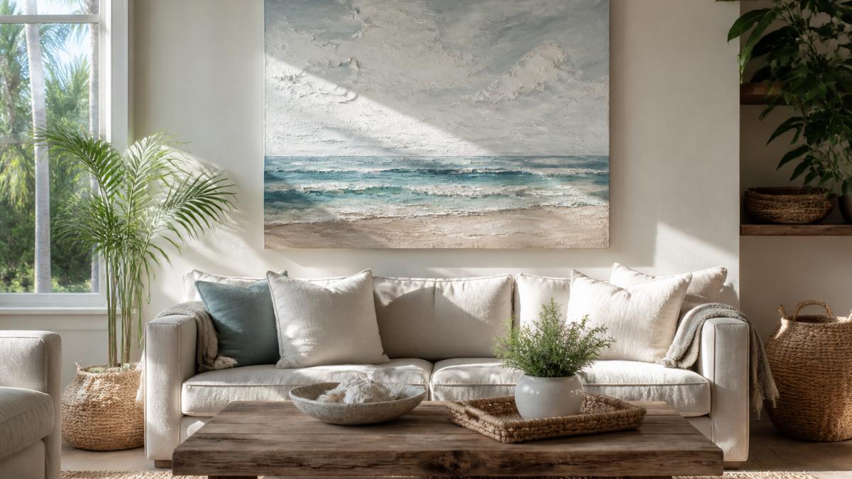 Serene coastal living room with large textured art print displayed above neutral linen sofa, natural sunlight streaming through windows highlighting the print's dimensional surface, rattan baskets and cream cushions visible in warm, inviting setting