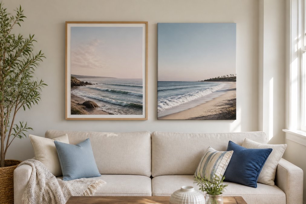 Modern living room with two coastal canvas prints hanging above a neutral linen sofa, one in a natural wood floating frame with rubber bumpers, one unframed on a stretcher bar, with soft natural light illuminating both pieces to show the visual difference in presentation