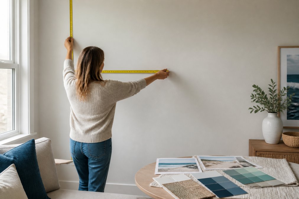 Homeowner standing at a blank living room wall, holding a tape measure horizontally and vertically, with paint colour swatches and a mood board of coastal design inspiration spread on a nearby side table showing blues, greens, and neutral tones