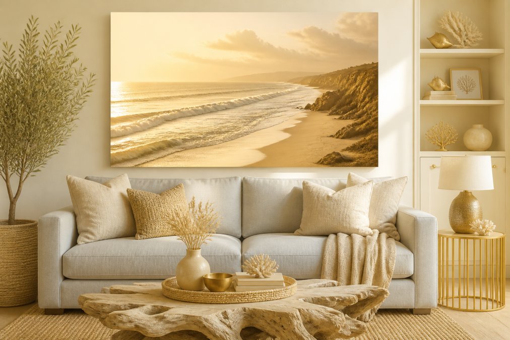A bright, modern British living room with a large ocean seascape canvas print hung above a light grey sofa, natural linen cushions, and a driftwood coffee table in the foreground