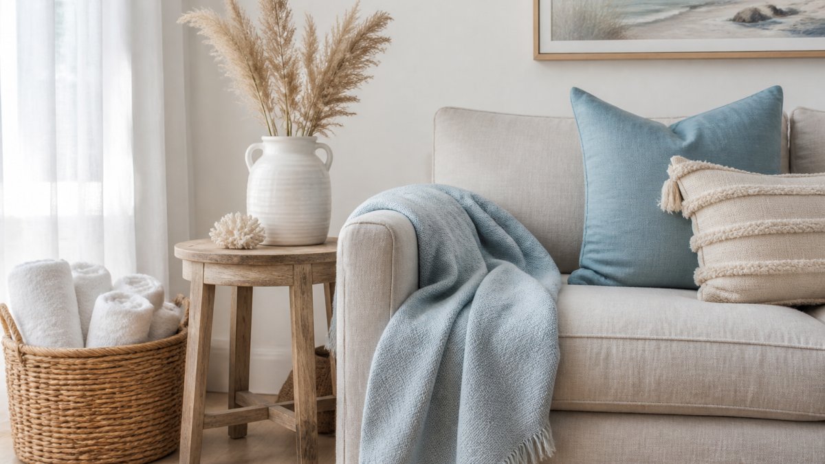 A bright, airy living room corner styled with a linen throw over a neutral sofa, a woven basket holding rolled towels, and a small vase of dried grasses on a light timber side table, soft natural light through sheer curtains