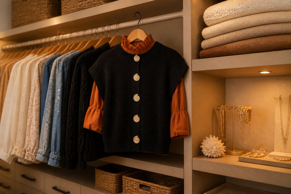Organized closet interior with carefully arranged clothing displayed on wooden hangers, folded neutral-toned items on shelves with woven storage baskets, soft warm golden lighting illuminating shell-button details on sweater vests and jewelry displayed on a small shelf