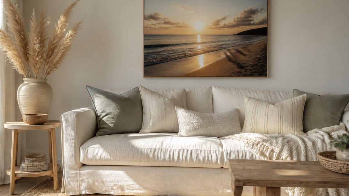 Infographic illustrating steps for selecting coastal sunset wall art prints for a bright living room space