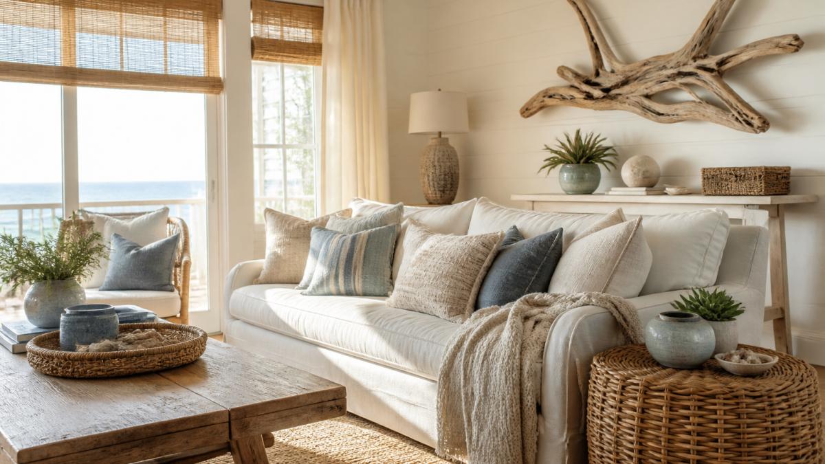 Bright beach house living room with natural light streaming through large windows, featuring layered linen and cotton textiles on a neutral sofa, rattan side table with natural finish, driftwood wall accent, and soft blue-gray throw pillows arranged on comfortable seating