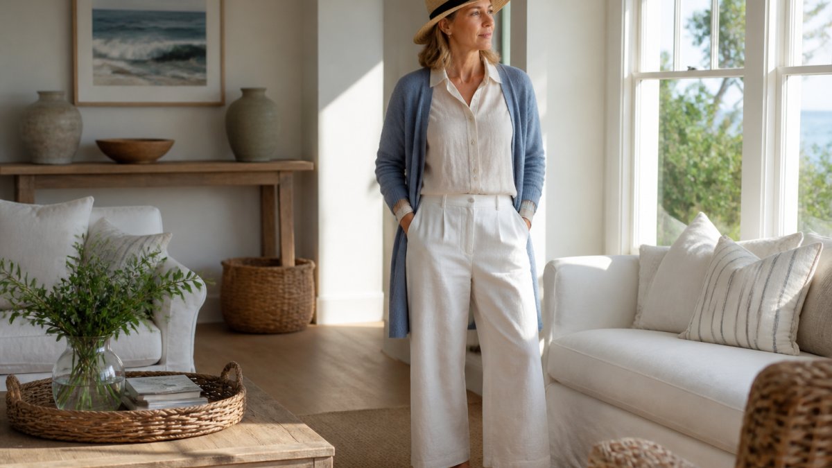 Woman in her 40s or 50s wearing a cream linen button-down shirt, wide-leg white trousers, and a lightweight blue cardigan, standing in a bright airy room with natural light streaming through large windows, styled with a straw hat and comfortable leather loafers