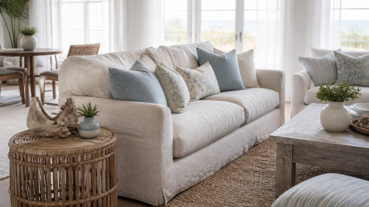 Bright, airy living room with soft blue and white furnishings, natural linen upholstery on sofa, rattan side table with driftwood accents, layered throw pillows in cream and pale blue, woven jute rug anchoring the space, large windows with sheer white curtains allowing natural light to flood the room