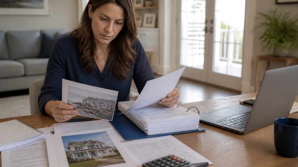 New homeowner reviewing documents for coastal home insurance at a desk