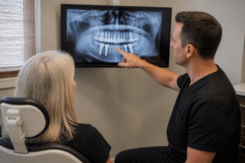 A modern dental examination room with a patient consulting a dentist who is pointing at a digital X-ray of a full dental arch on a monitor