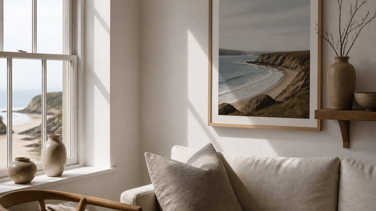 Minimalist coastal interior space with framed art print of a Cornish beach scene on white wall, natural morning light streaming through large window, simple wooden shelf with ceramic vessels, soft neutral color palette
