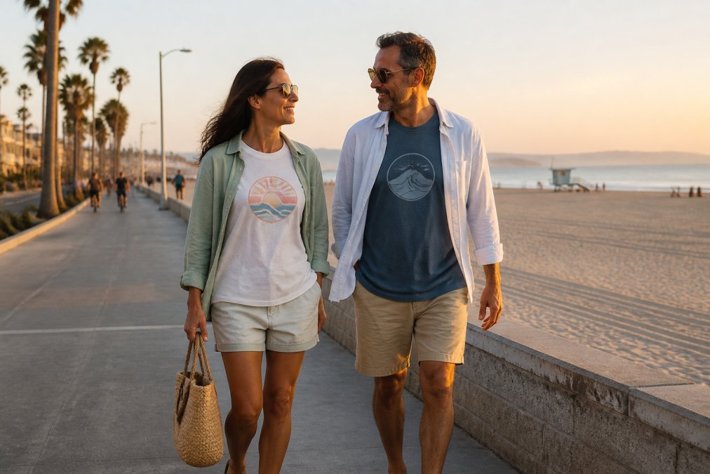 A couple in their 40s wearing coastal lifestyle clothing walk along a Southern California beach boardwalk.