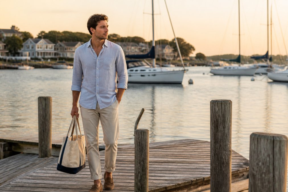 A man in his late 20s wearing a relaxed linen button-down and chinos, standing on a weathered wooden dock by a calm harbor at golden hour, holding a canvas tote bag, with sailboats moored in the background