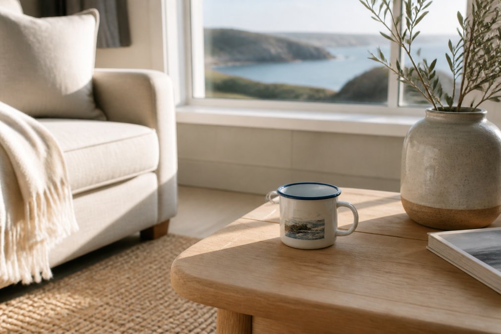 A bright living room corner styled with a linen sofa in oatmeal, a natural jute rug, and a white enamel mug with a coastal print resting on a light wooden coffee table, soft morning light from a nearby window casting gentle shadows