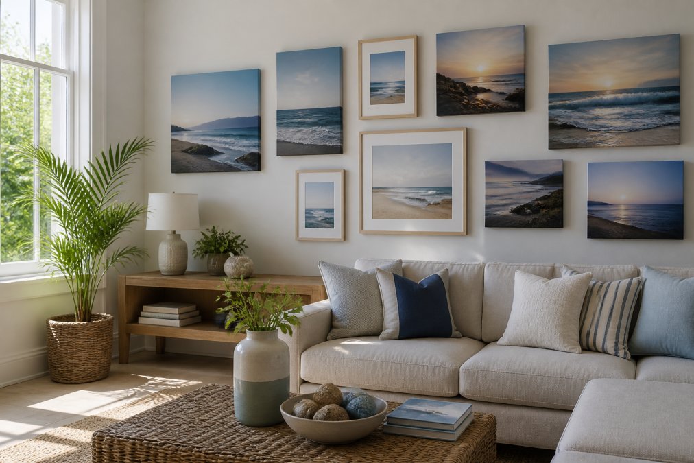 Modern living room with coastal-inspired gallery wall featuring multiple framed and unframed beach landscape prints in neutral tones and soft blues, natural light streaming through large windows
