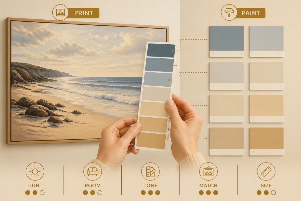 Close-up of hands holding a colour palette swatch next to a framed seascape print showing blues and sandy tones, comparing the palette to paint samples on a neutral wall