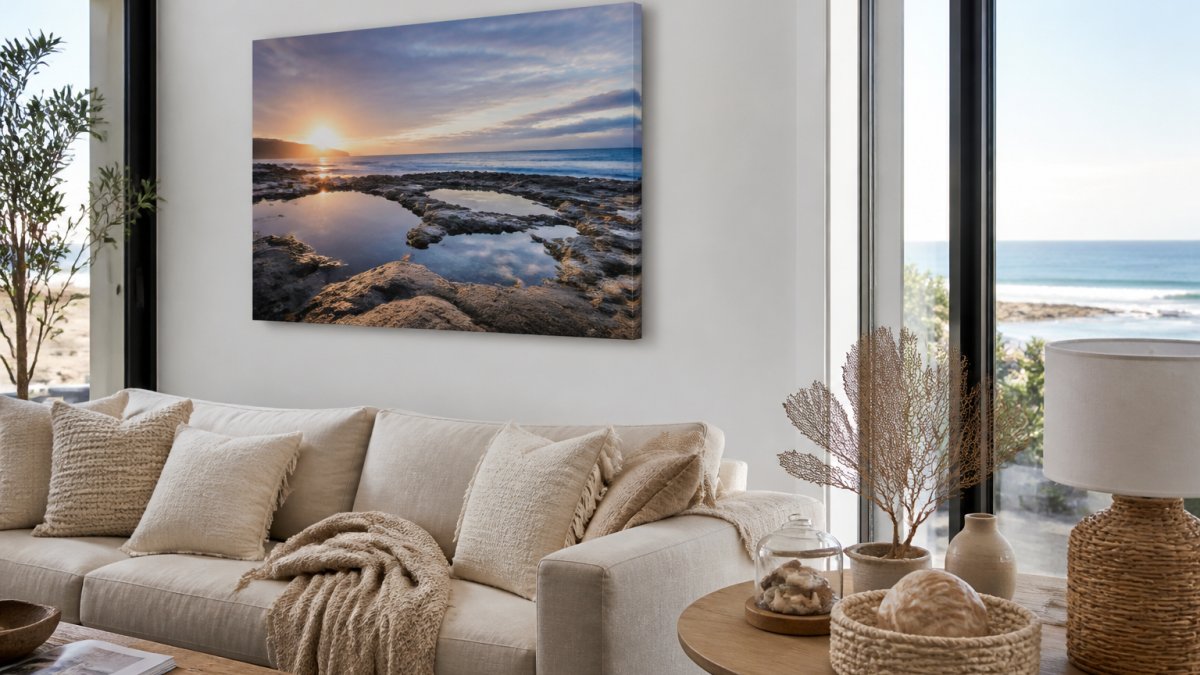 Infographic diagram illustrating steps to style coastal art prints in a bright living room space