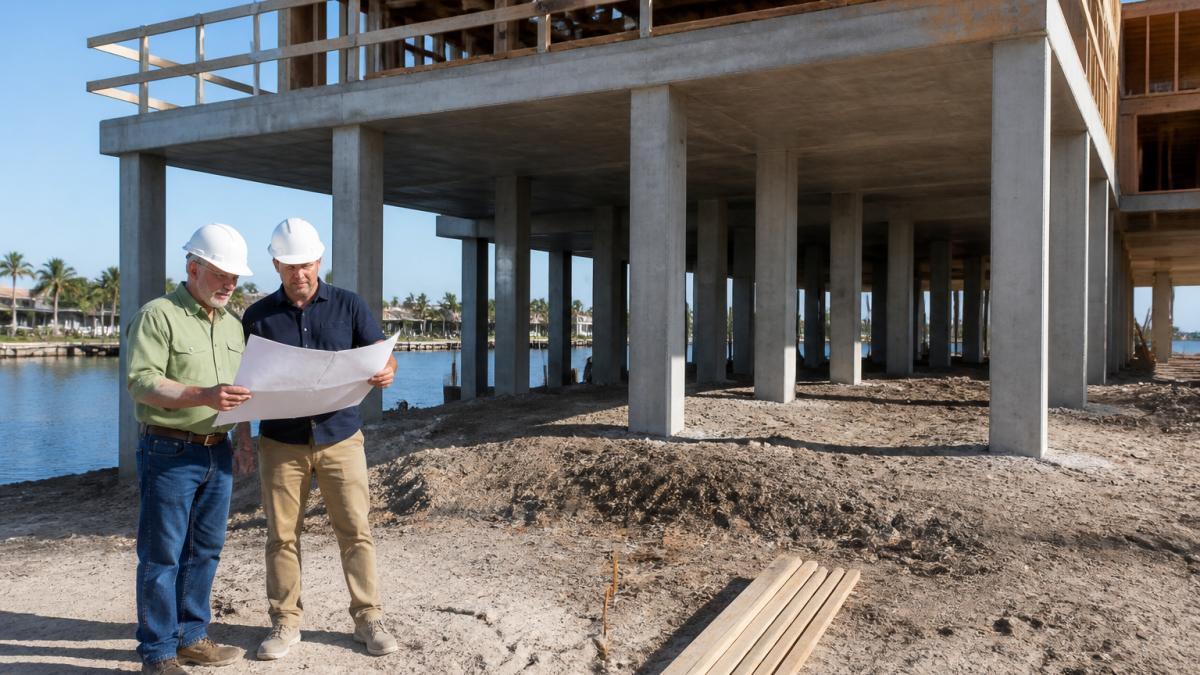 A coastal home under construction on elevated pilings, with concrete foundation columns visible above sandy soil near waterfront, construction workers in hard hats reviewing plans in the foreground