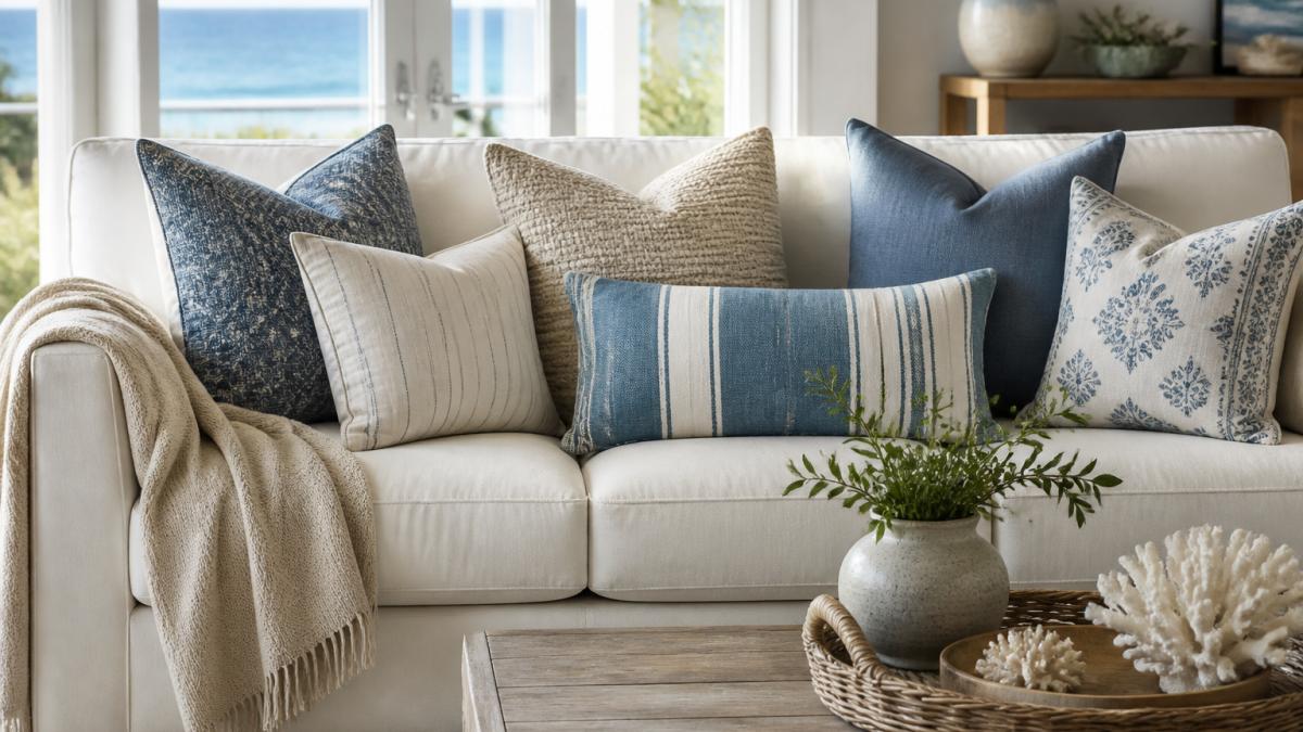 Diagram illustrating optimal size and shape layering for blue and sand-toned coastal throw pillows on a sofa