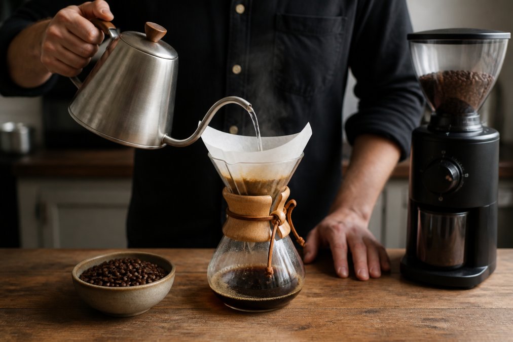 A home brewer pouring hot water from a gooseneck kettle over a Chemex filter, with freshly roasted whole beans in a nearby bowl and a burr grinder on the counter