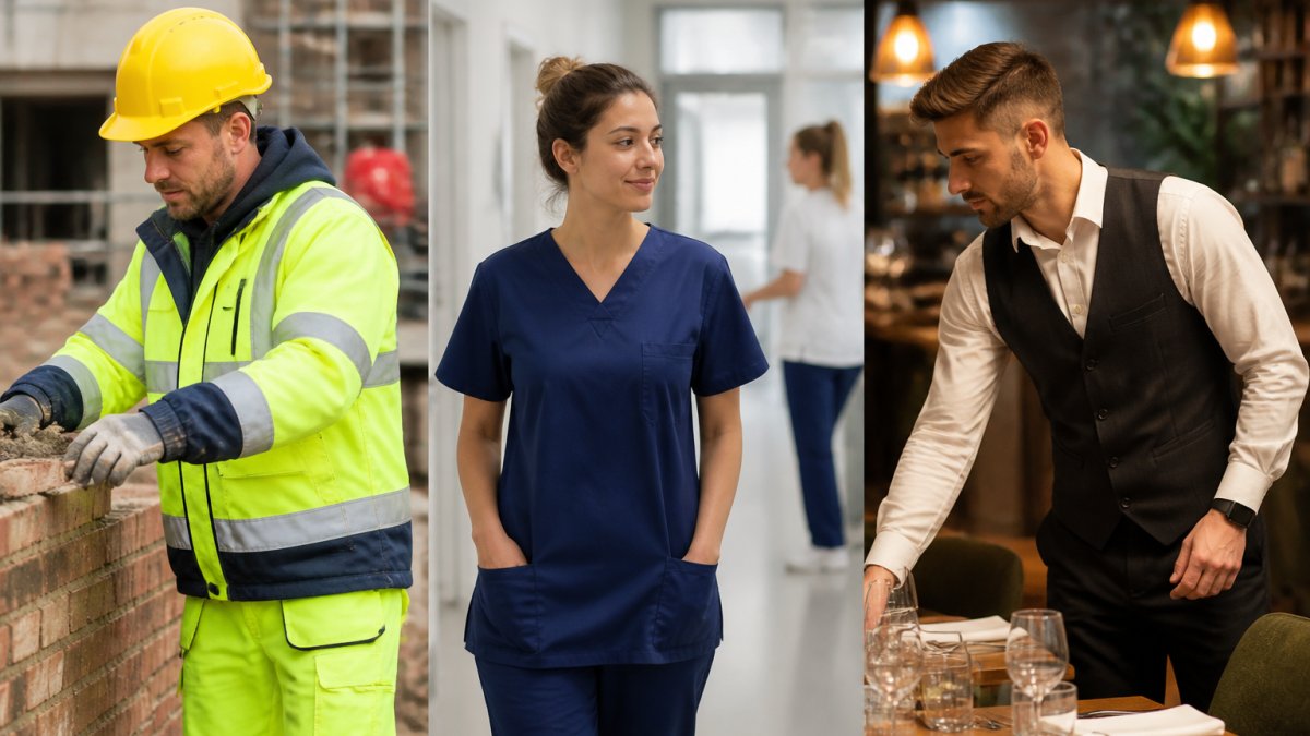 Construction, healthcare, and hospitality workers wearing diverse branded professional uniforms
