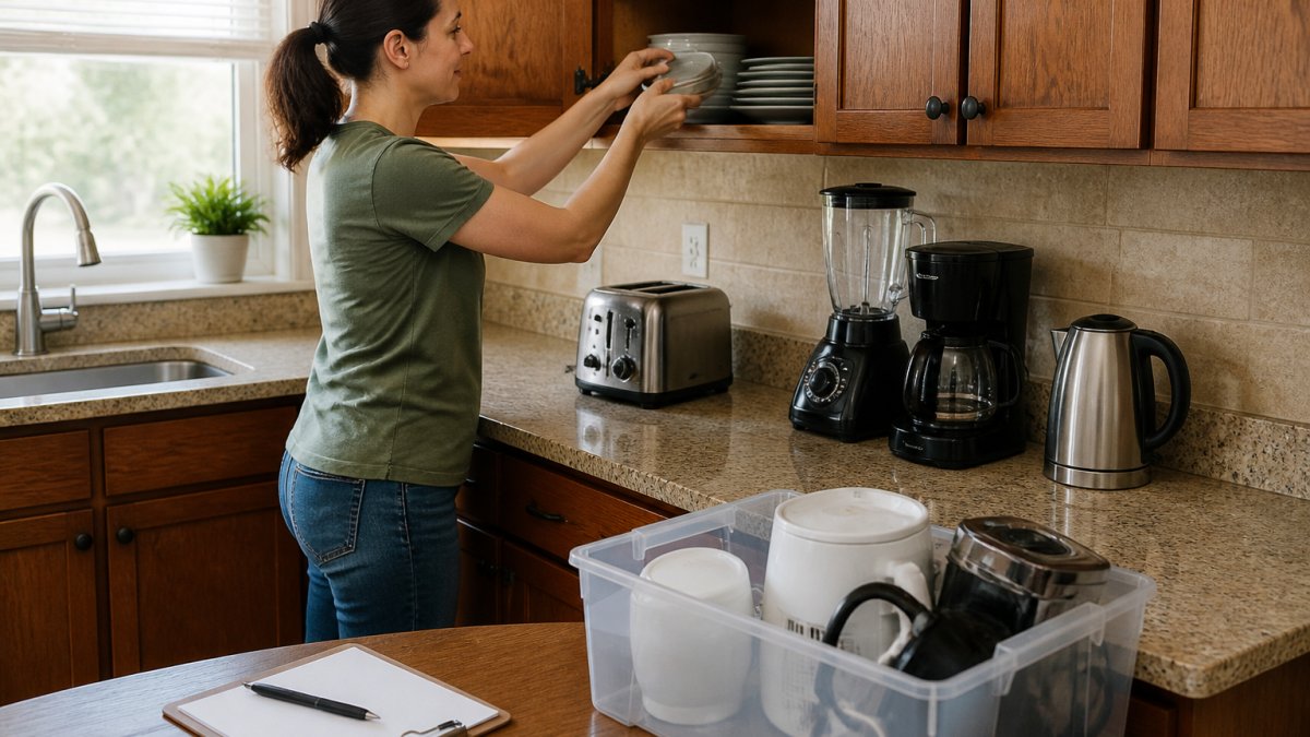 A homeowner in a clean kitchen moving a toaster and small appliances off the counter while placing dishes into a cabinet, with a pest control technician's clipboard resting on the table and soft daylight coming through the window